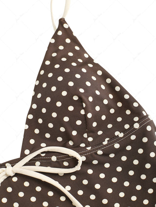 Deep Coffee Polka Dot Bowknot Plunging Neck Cami Tankini Top