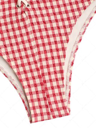 Pomegranate Red Gingham Grommet Lace Up Bikini Bottom