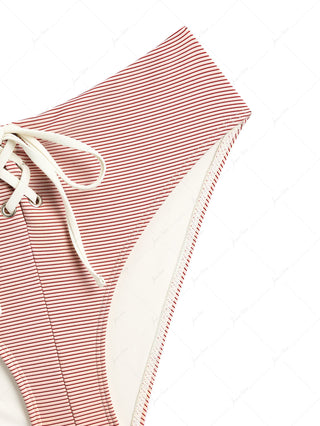 Cherry Red Striped Grommet Lace Up Bikini Bottom