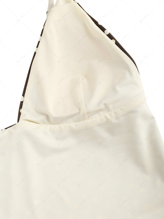 Deep Coffee Polka Dot Bowknot Plunging Neck Cami Tankini Top