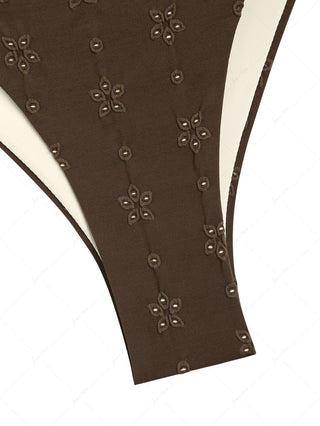 Deep Coffee Recycled Fabric Jacquard O Ring Double Layer Top  & Cheeky Brazilian Bottom Bikini Set