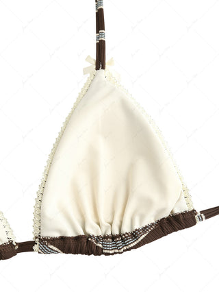 Deep Coffee Striped Lace Bowknot Triangle Top & Two-way Cheeky Boyshorts Bikini Set