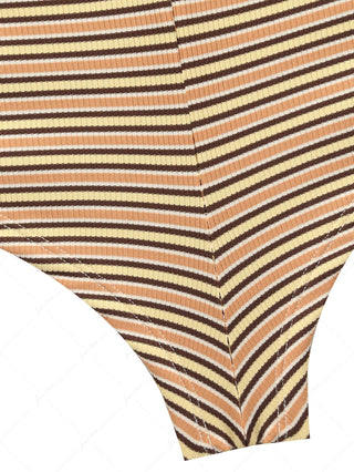 Yellow Ribbed Striped O Ring Double Layer Top & Cheeky Boyshorts Bikini Set