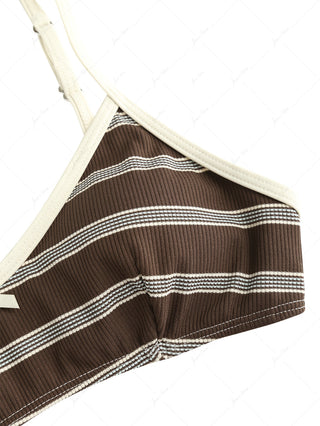 Deep Coffee Striped Bowknot Contrast Binding Tank Style Bikini Top