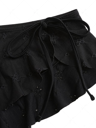 Black Recycled Fabric Jacquard Ruffles Hem Sarong Style Cover Up Skirt