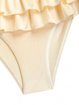 Champagne Satin Solid Color Ruched Bralette Layered Ruffles Skirtini Bikini Set