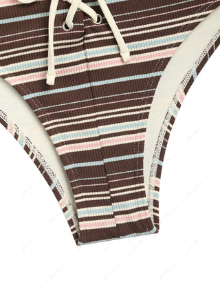 Deep Coffee Ribbed Knit Striped Triangle Push Up Bikini Set