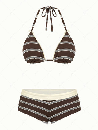 Deep Coffee Striped Lace Bowknot Triangle Top &  High-rise Boyshorts Bikini Set