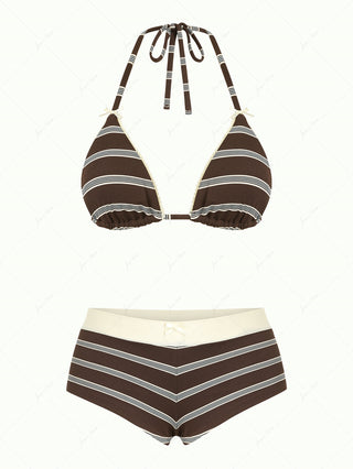 Deep Coffee Striped Lace Bowknot Triangle Top & Two-way Cheeky Boyshorts Bikini Set