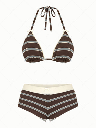 Deep Coffee Striped Lace Bowknot Triangle Top &  High-rise Boyshorts Bikini Set