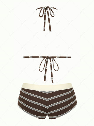 Deep Coffee Striped Lace Bowknot Triangle Top & Two-way Cheeky Boyshorts Bikini Set