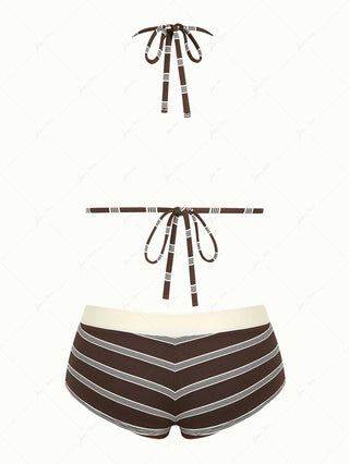 Deep Coffee Striped Lace Bowknot Triangle Top &  High-rise Boyshorts Bikini Set