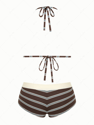 Deep Coffee Striped Lace Bowknot Triangle Top &  High-rise Boyshorts Bikini Set