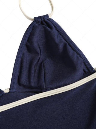 Deep Blue Contrast Piping Deep V Neck Halter Tankini Top