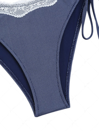 Deep Blue Denim Lace Plunging Neck Halter Tied Tankini Set
