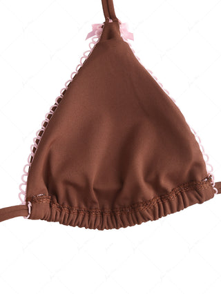 Coffee Contrast Picot Bowknot Halter Triangle Cheeky Boyshorts Bikini Set