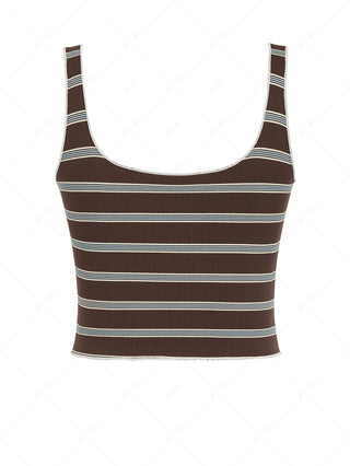 Deep Coffee Ribbed Knit Striped Two-way Crop Tank Top