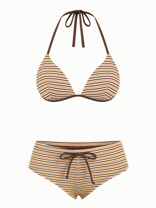 Yellow Ribbed Knit Striped Triangle Push Up Top & Cheeky Boyshorts Bikini Set