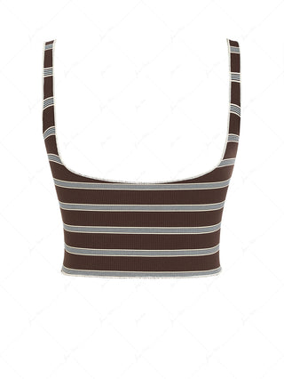 Deep Coffee Ribbed Knit Striped Two-way Crop Tank Top