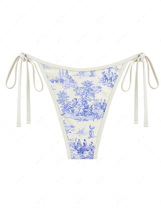 Crystal Cream Toile de Jouy Spliced Ruched Ruffles Bikini Bottom