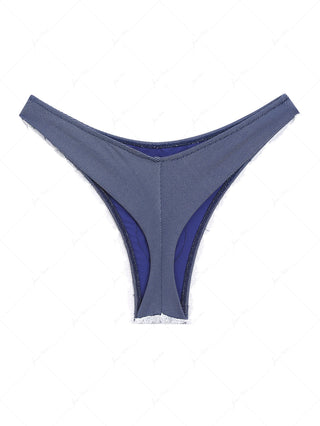 Deep Blue Denim Fabric Contrast Lace Thong Bikini Bottom