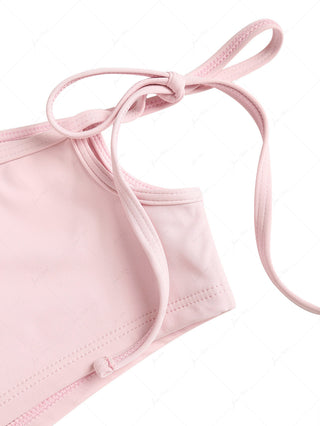Pink Solid Color Picot Bowknot Bralette Cutout Tie Cheeky Boyshorts Bikini Set