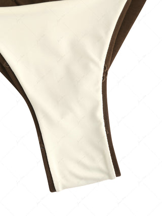 Deep Coffee Recycled Fabric Jacquard O Ring Double Layer Top  & Cheeky Brazilian Bottom Bikini Set