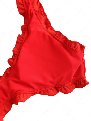 Red Recycled Fabric Jacquard Ruffles Edge Bralette Bikini Set