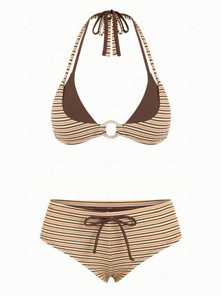 Yellow Ribbed Striped O Ring Double Layer Top & Cheeky Boyshorts Bikini Set