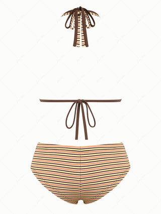 Yellow Ribbed Striped O Ring Double Layer Top & Cheeky Boyshorts Bikini Set