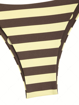Coffee Striped Polka Dot Print Reversible Cheeky Brazilian Bikini Bottom