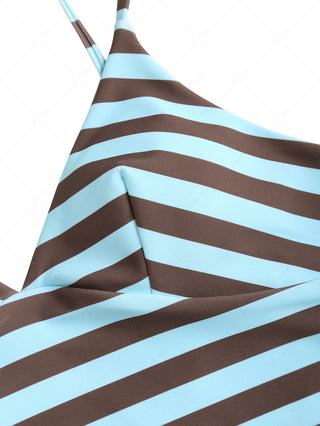 Coffee Striped Polka Dot Crisscross Tie Top & Cheeky Brazilian Bottom Reversible Tankini Set