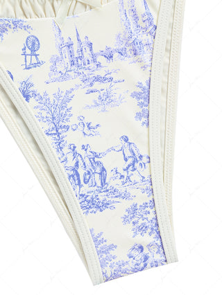Crystal Cream Toile de Jouy Print Plunging Neck String Tankini Set