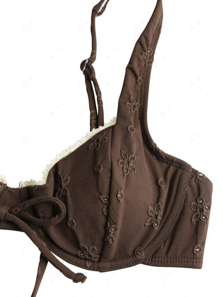 Deep Coffee Recycled Fabric Jacquard Lace Bowknot Underwire Cheeky Boyshorts Bikini Set