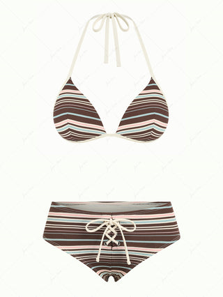 Deep Coffee Ribbed Knit Striped Triangle Push Up Bikini Set