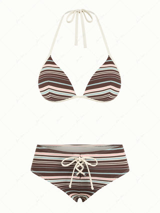 Deep Coffee Ribbed Knit Striped Triangle Push Up Bikini Set
