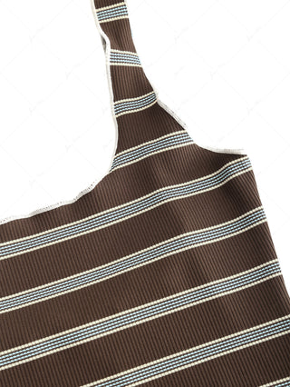 Deep Coffee Ribbed Knit Striped Two-way Crop Tank Top