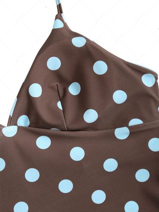 Coffee Striped Polka Dot Crisscross Tie Top & Cheeky Brazilian Bottom Reversible Tankini Set