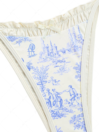 Crystal Cream Toile de Jouy Print Plunging Neck String Tankini Set