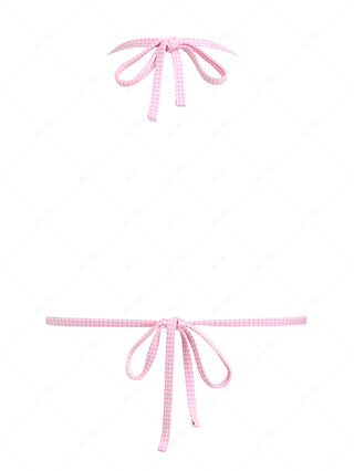 Light Pink Knitted Plaid Contrast Lace Bowknot Halter Triangle Bikini Top