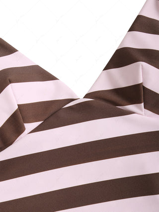 Pink Striped Polka Dot Crisscross Tie Open Back Reversible Tankini Top