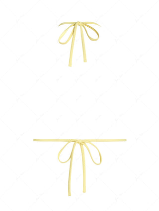 Yellow Floral Jacquard Textured Lace Bowknot Triangle Bikini Top