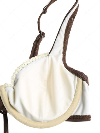 Deep Coffee Recycled Fabric Jacquard Lace Bowknot Underwire Cheeky Boyshorts Bikini Set