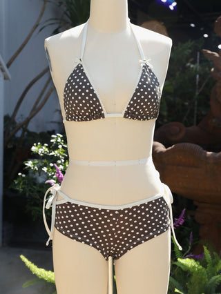 Deep Coffee Polka Dot Lace Bowknot Cutout Tie Side Cheeky Boyshorts Bikini Set