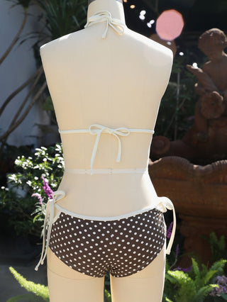 Deep Coffee Polka Dot Lace Bowknot Cutout Tie Side Cheeky Boyshorts Bikini Set