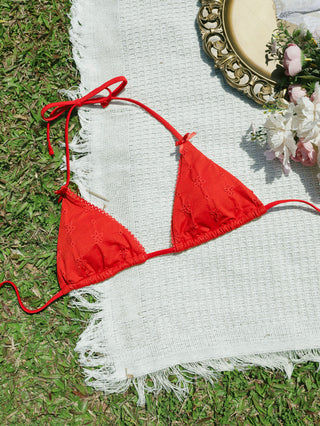 Red Recycled Fabric Jacquard Lace Bowknot Halter Triangle Bikini Top