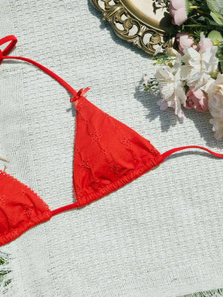 Red Recycled Fabric Jacquard Lace Bowknot Halter Triangle Bikini Top
