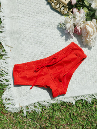 Red Recycled Fabric Jacquard Low Rise Bikini Bottom Cheeky Swim Boyshorts