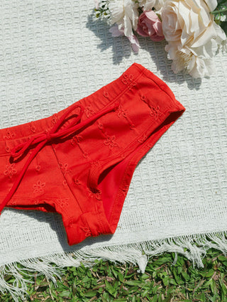 Red Recycled Fabric Jacquard Low Rise Bikini Bottom Cheeky Swim Boyshorts