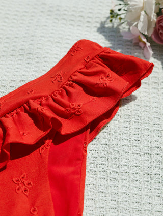 Red Recycled Fabric Jacquard Peplum Skirted Low Rise Bikini Bottom